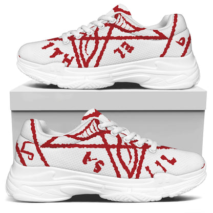 Red Satanic Pentagram Symbol Print White Chunky Shoes