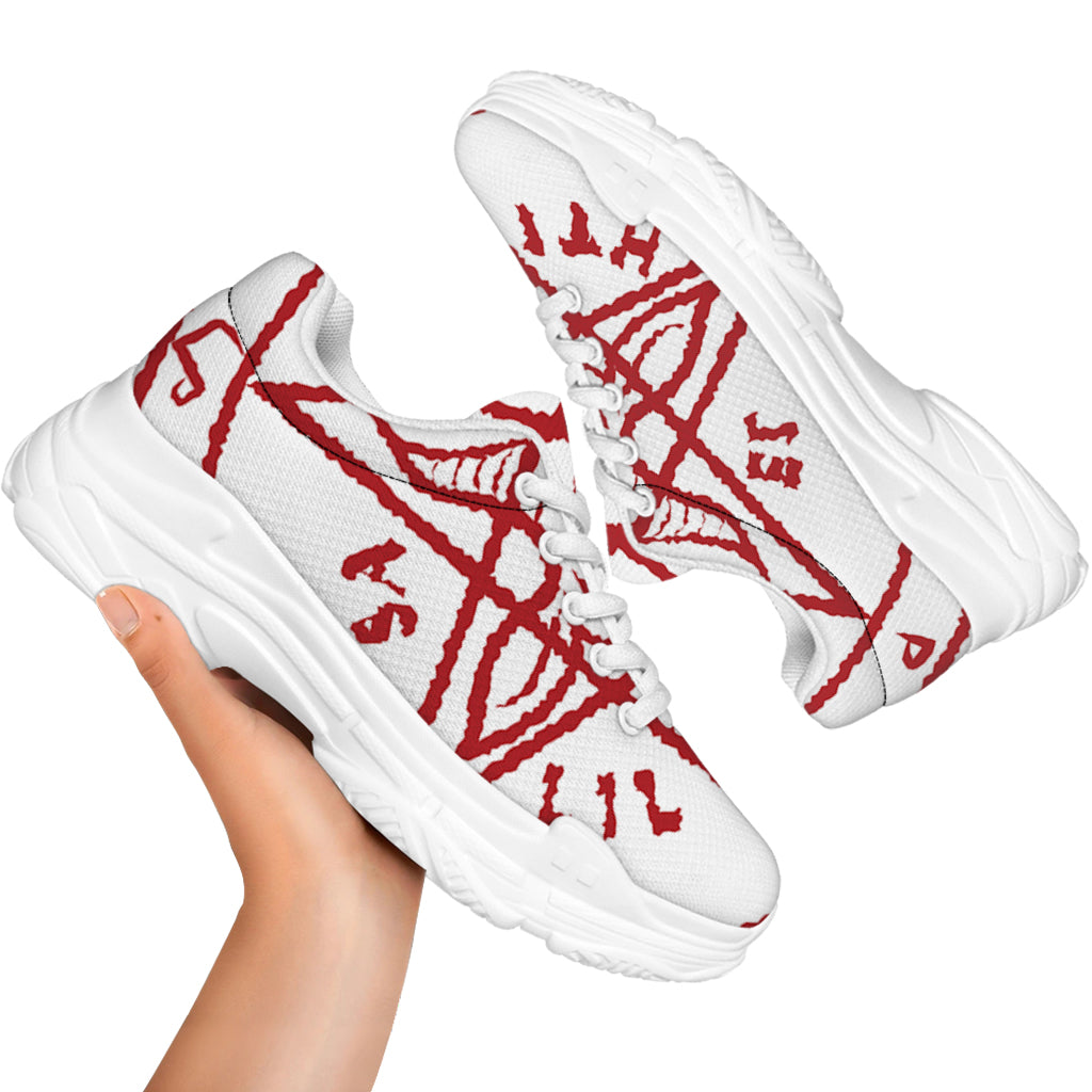 Red Satanic Pentagram Symbol Print White Chunky Shoes