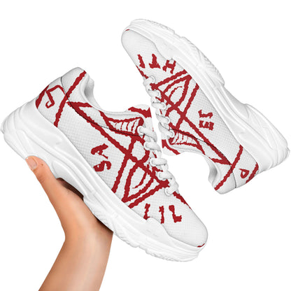 Red Satanic Pentagram Symbol Print White Chunky Shoes