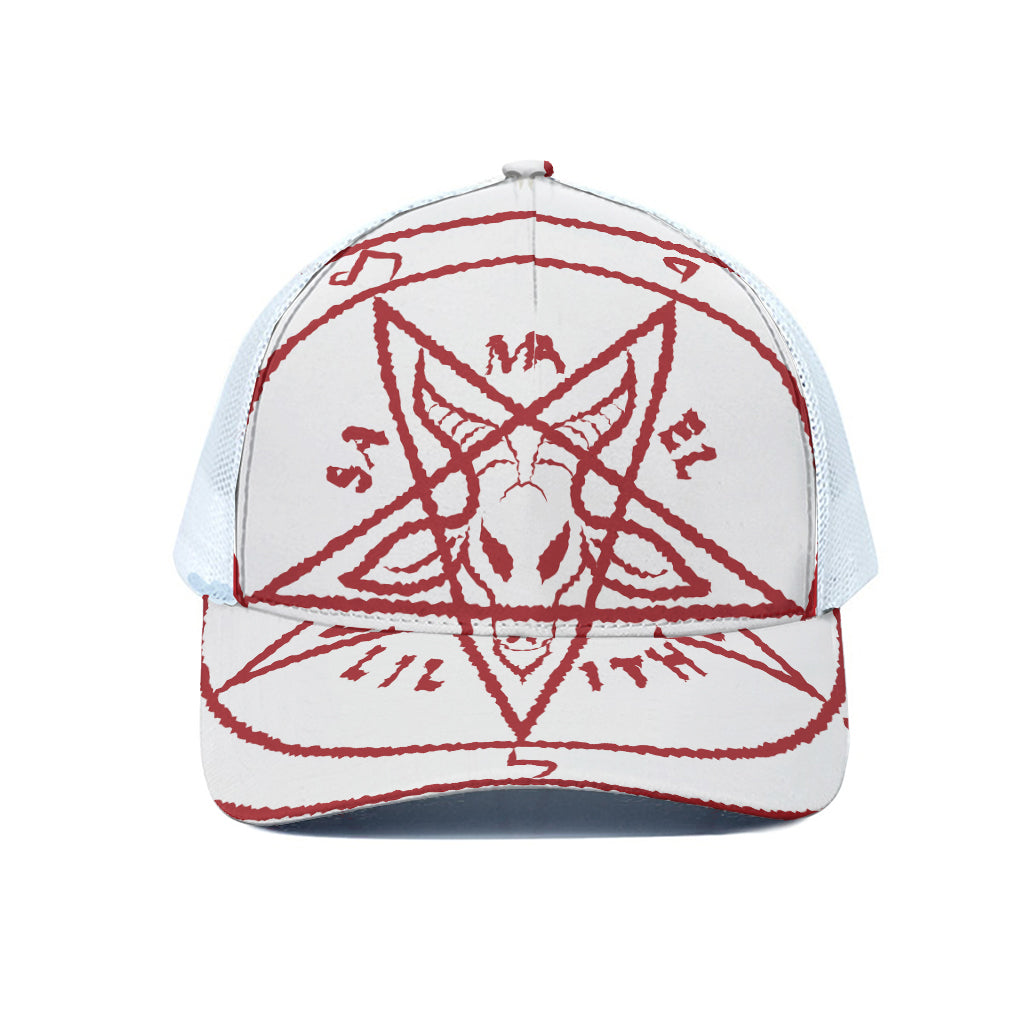 Red Satanic Pentagram Symbol Print White Mesh Trucker Cap