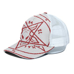 Red Satanic Pentagram Symbol Print White Mesh Trucker Cap