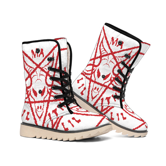 Red Satanic Pentagram Symbol Print Winter Boots