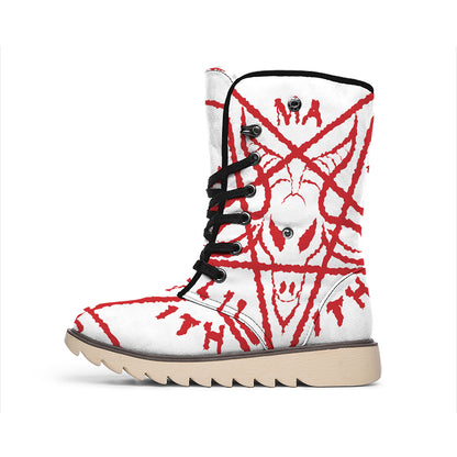 Red Satanic Pentagram Symbol Print Winter Boots