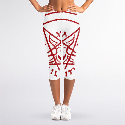 Red Satanic Pentagram Symbol Print Women's Capri Leggings