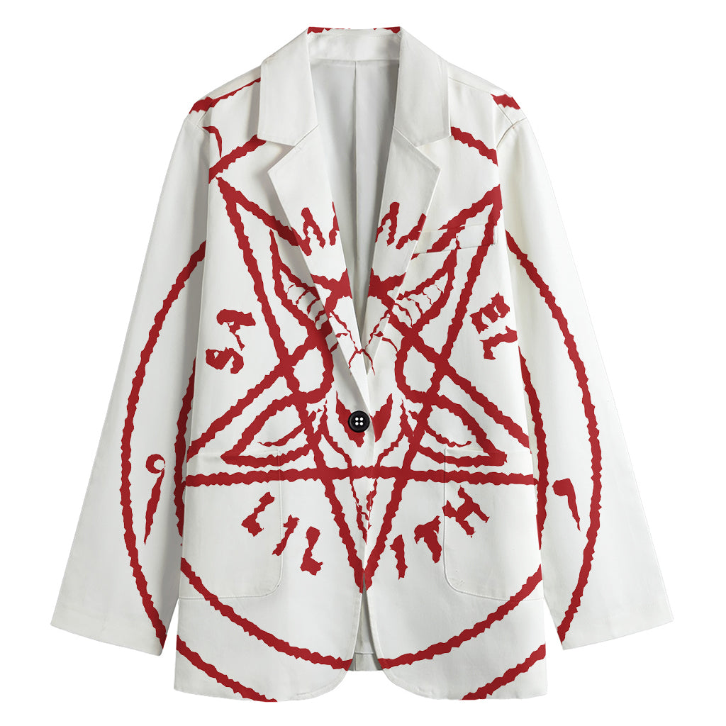 Red Satanic Pentagram Symbol Print Women's Cotton Blazer