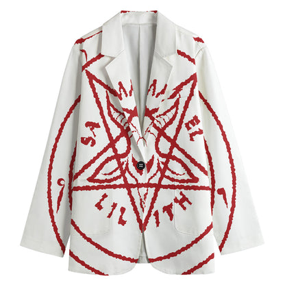 Red Satanic Pentagram Symbol Print Women's Cotton Blazer