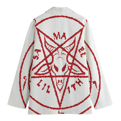 Red Satanic Pentagram Symbol Print Women's Cotton Blazer