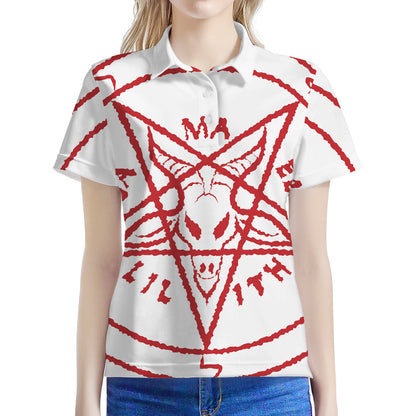 Red Satanic Pentagram Symbol Print Women's Polo Shirt