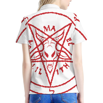Red Satanic Pentagram Symbol Print Women's Polo Shirt