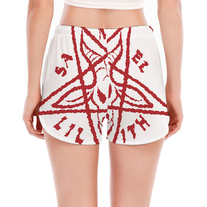 Red Satanic Pentagram Symbol Print Women's Split Running Shorts