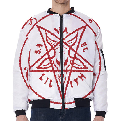 Red Satanic Pentagram Symbol Print Zip Sleeve Bomber Jacket