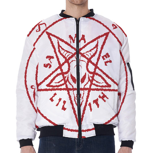 Red Satanic Pentagram Symbol Print Zip Sleeve Bomber Jacket