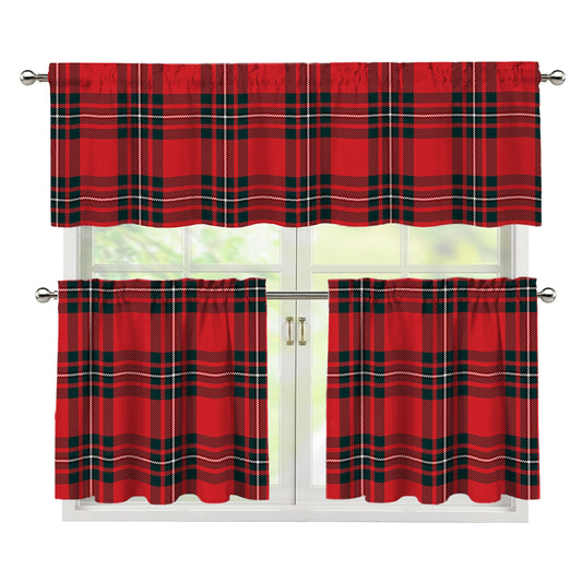 Red Scottish Tartan Pattern Print 3 Piece Kitchen Curtains