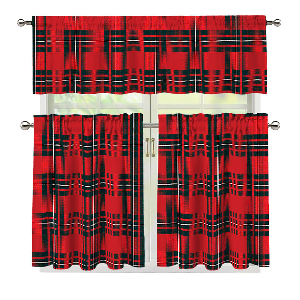 Red Scottish Tartan Pattern Print 3 Piece Kitchen Curtains