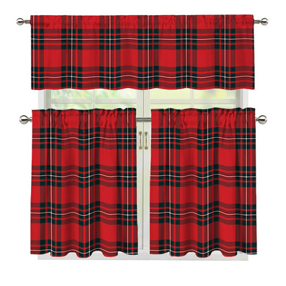 Red Scottish Tartan Pattern Print 3 Piece Kitchen Curtains