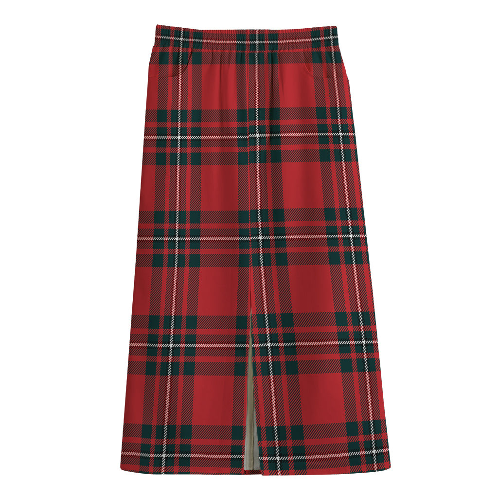 Red Scottish Tartan Pattern Print Cotton Front Slit Maxi Skirt