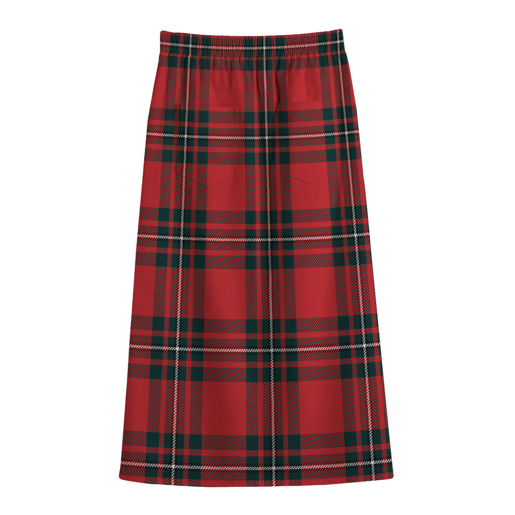 Red Scottish Tartan Pattern Print Cotton Front Slit Maxi Skirt