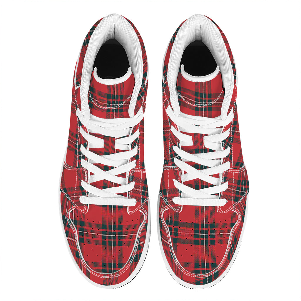 Red Scottish Tartan Pattern Print High Top Leather Sneakers
