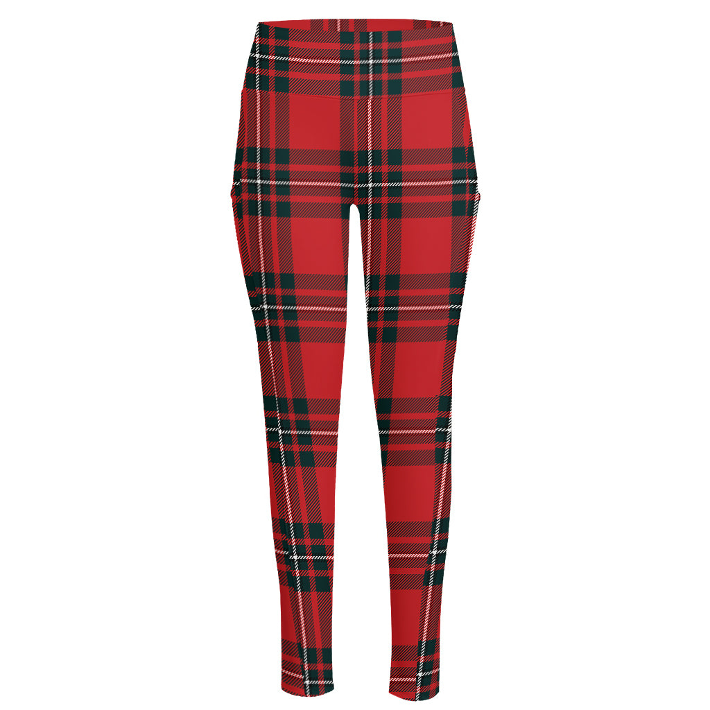 Red Scottish Tartan Pattern Print High-Waisted Pocket Leggings