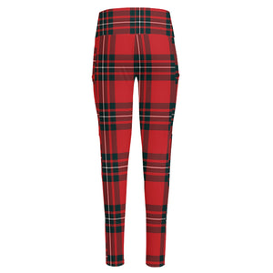 Red Scottish Tartan Pattern Print High-Waisted Pocket Leggings