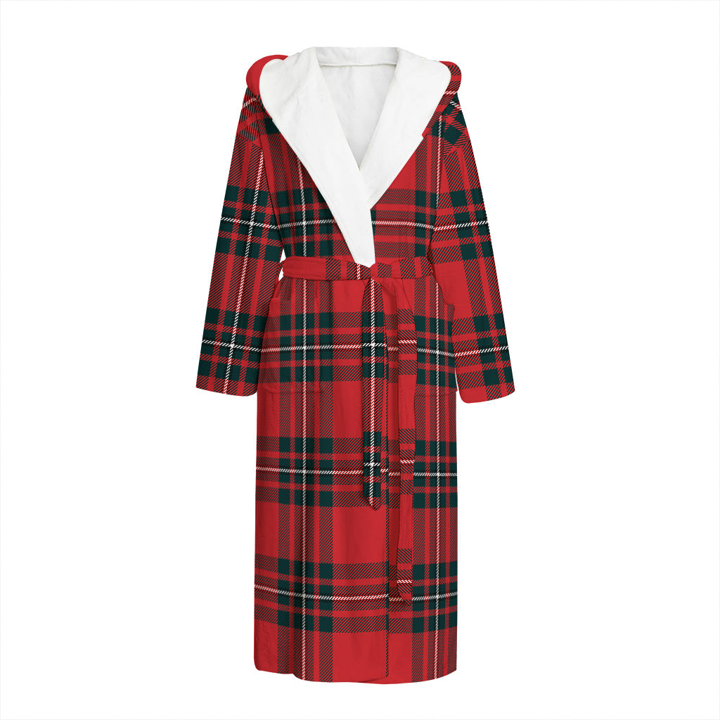 Red Scottish Tartan Pattern Print Hooded Bathrobe