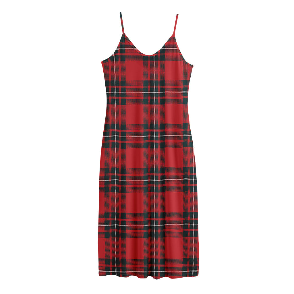 Red Scottish Tartan Pattern Print Jersey Midi Cami Dress