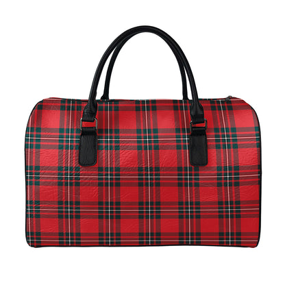 Red Scottish Tartan Pattern Print Leather Duffle Bag