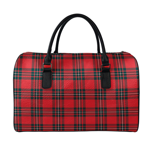 Red Scottish Tartan Pattern Print Leather Duffle Bag