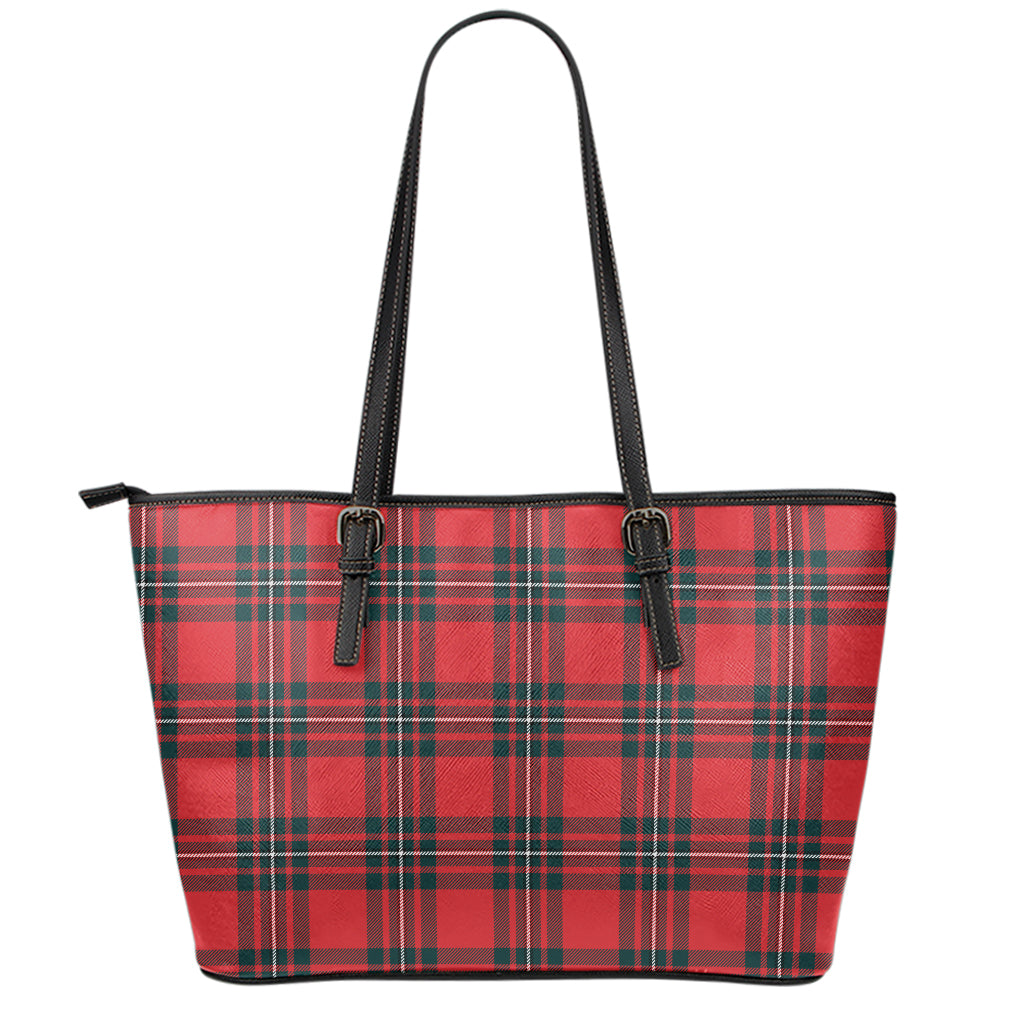Red Scottish Tartan Pattern Print Leather Tote Bag