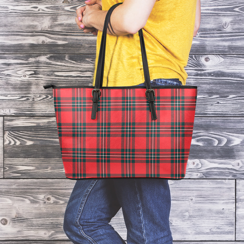 Red Scottish Tartan Pattern Print Leather Tote Bag