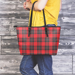 Red Scottish Tartan Pattern Print Leather Tote Bag