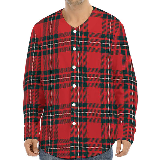 Red Scottish Tartan Pattern Print Long Sleeve Baseball Jersey