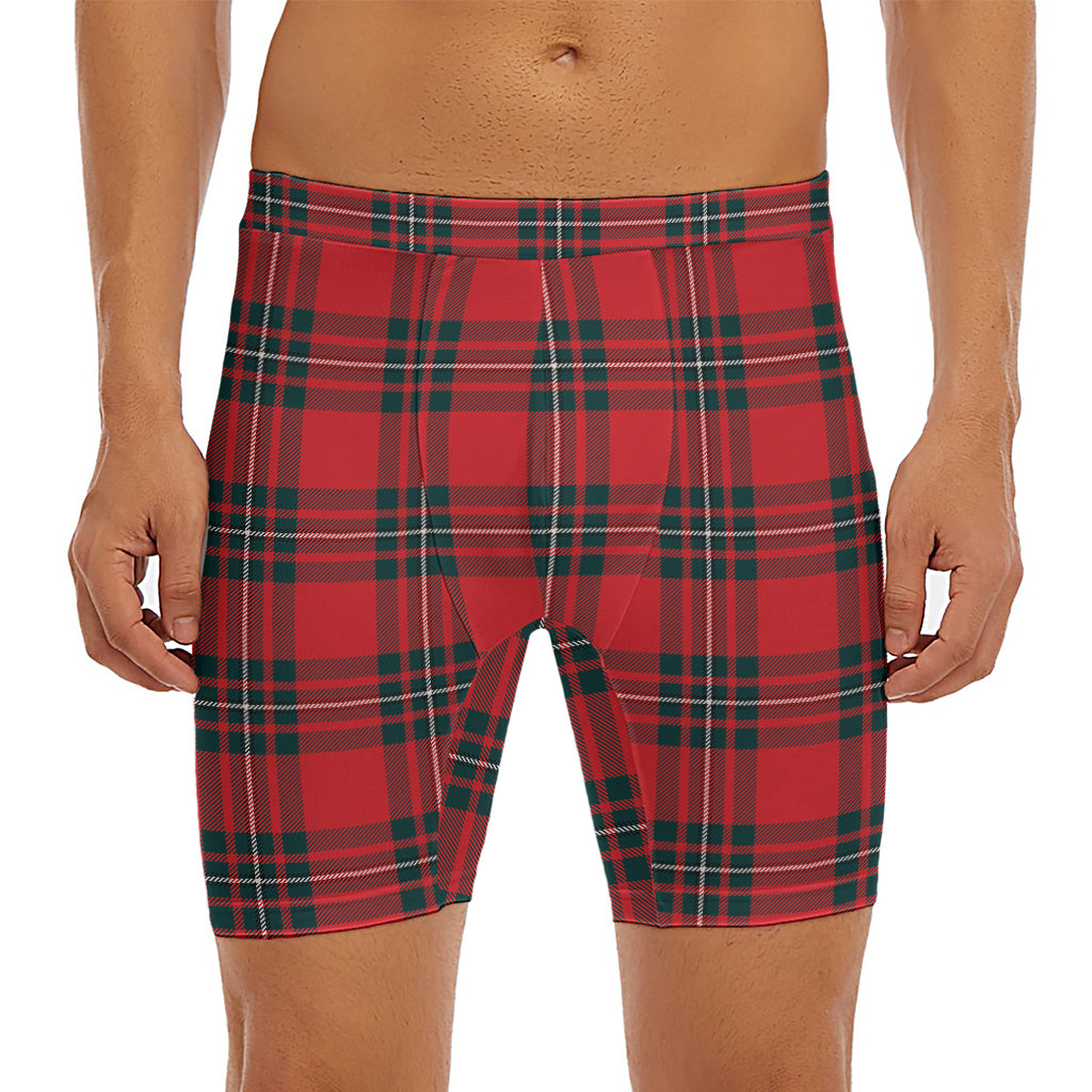 Red Scottish Tartan Pattern Print Men's Long Boxer Briefs