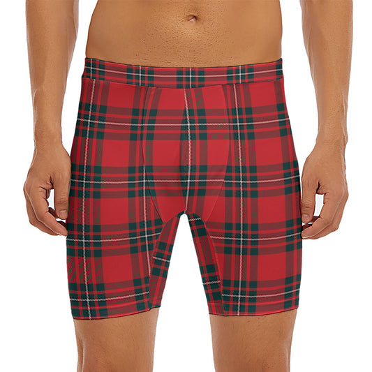 Red Scottish Tartan Pattern Print Men's Long Boxer Briefs