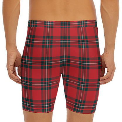 Red Scottish Tartan Pattern Print Men's Long Boxer Briefs