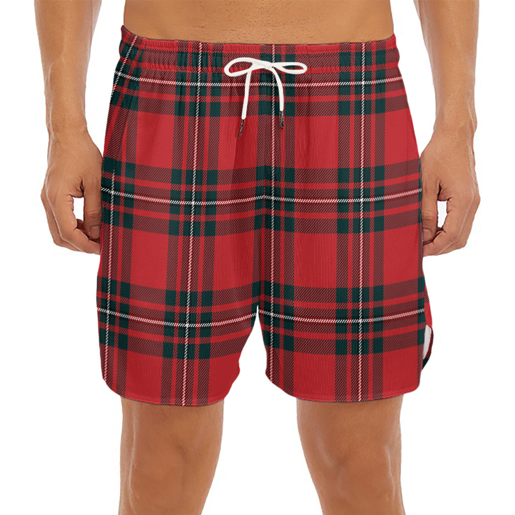 Red Scottish Tartan Pattern Print Men's Split Running Shorts