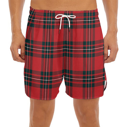 Red Scottish Tartan Pattern Print Men's Split Running Shorts