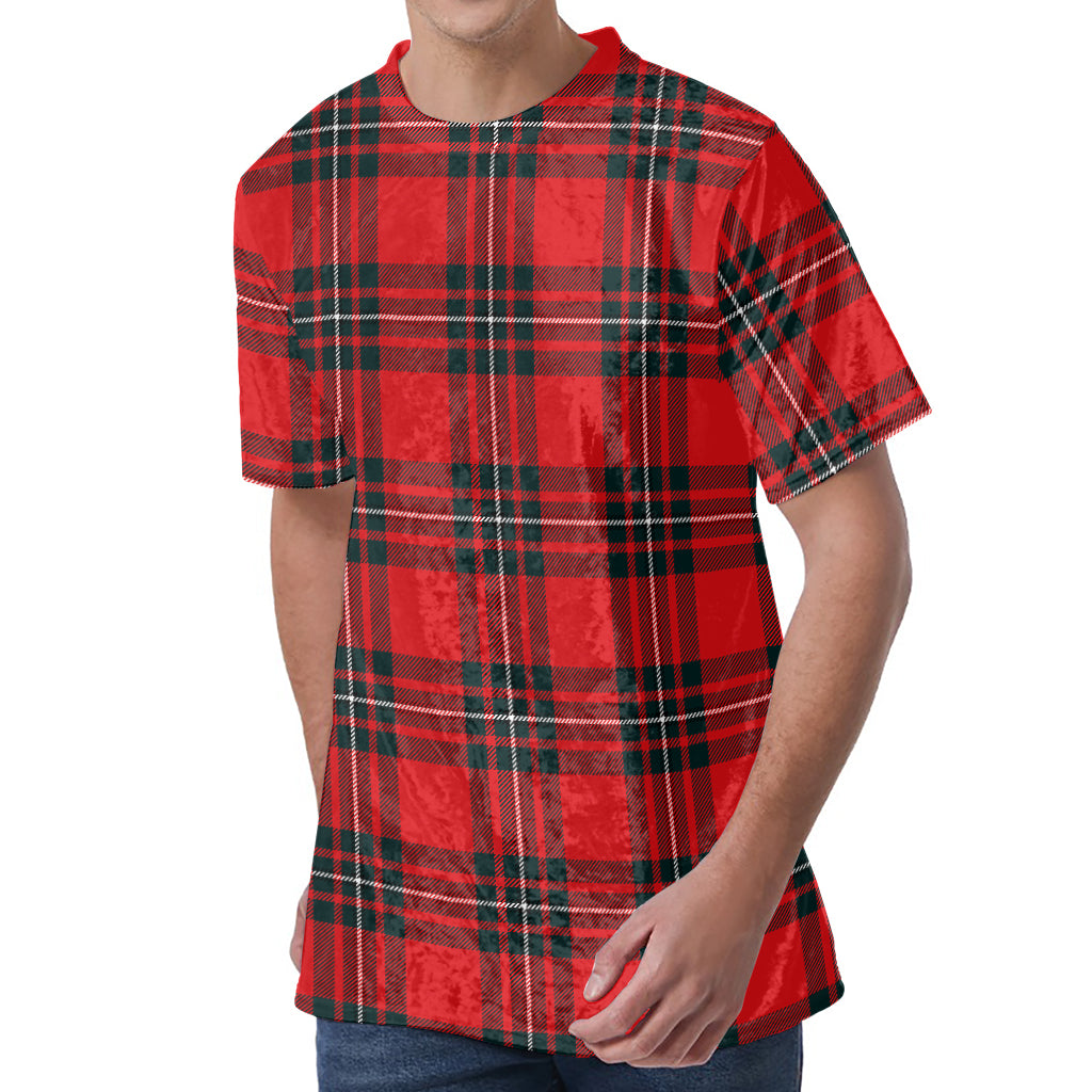 Red Scottish Tartan Pattern Print Men's Velvet T-Shirt