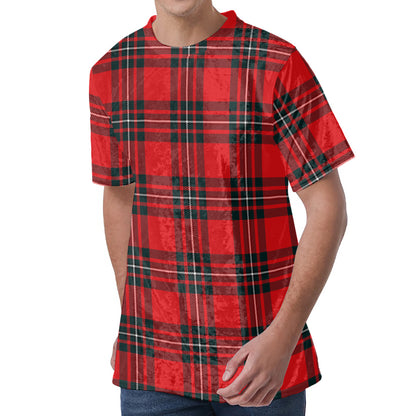 Red Scottish Tartan Pattern Print Men's Velvet T-Shirt
