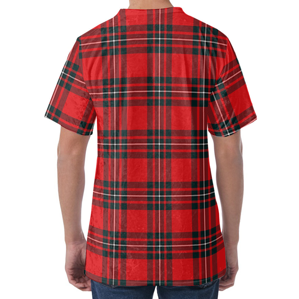 Red Scottish Tartan Pattern Print Men's Velvet T-Shirt