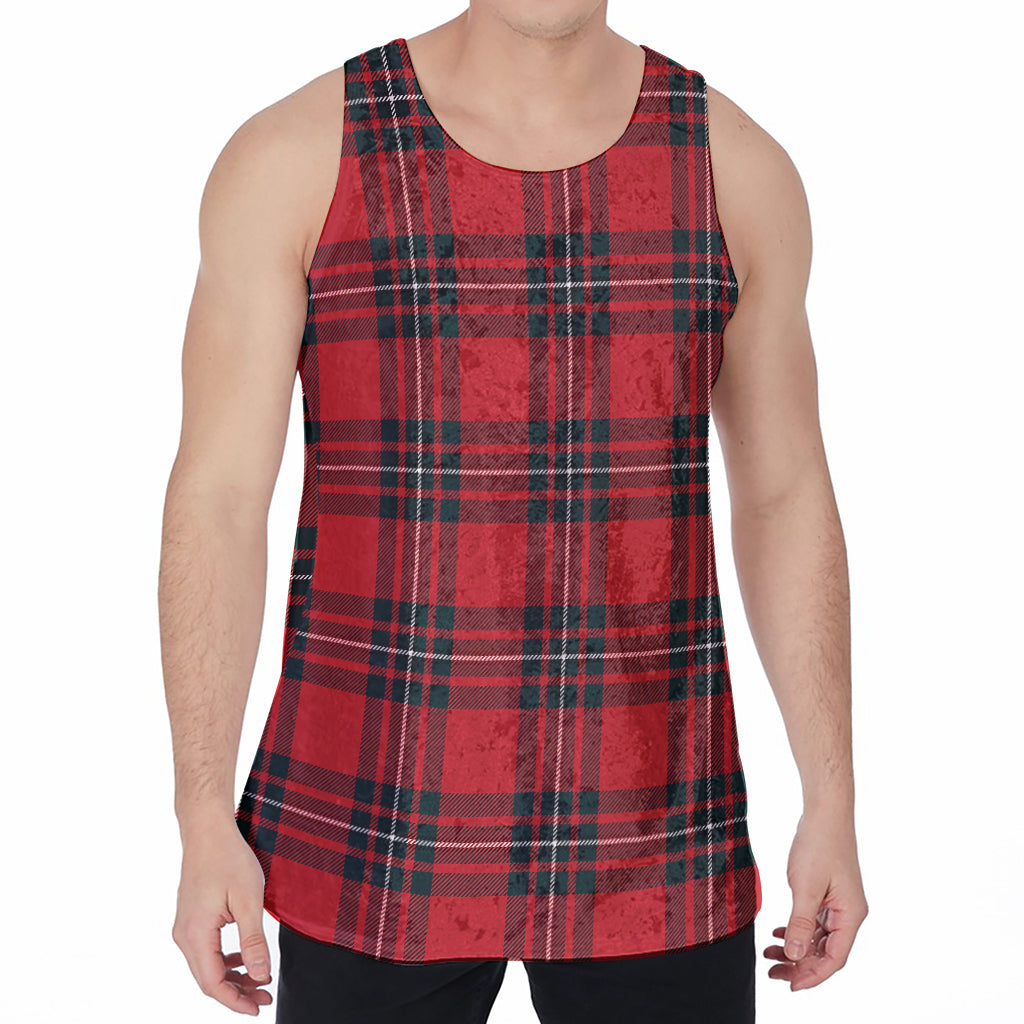 Red Scottish Tartan Pattern Print Men's Velvet Tank Top