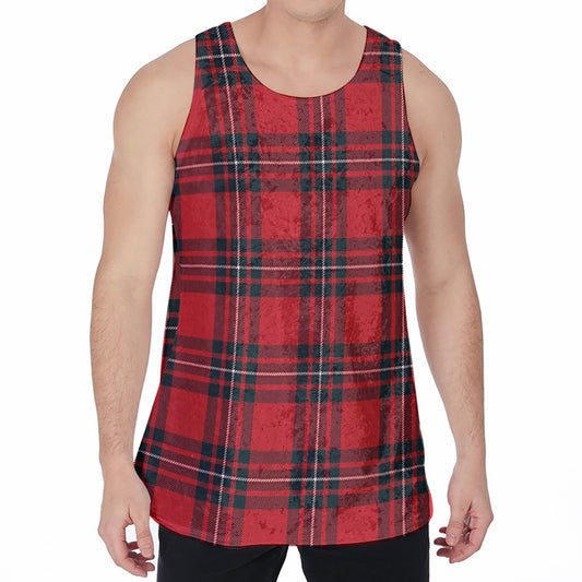 Red Scottish Tartan Pattern Print Men's Velvet Tank Top