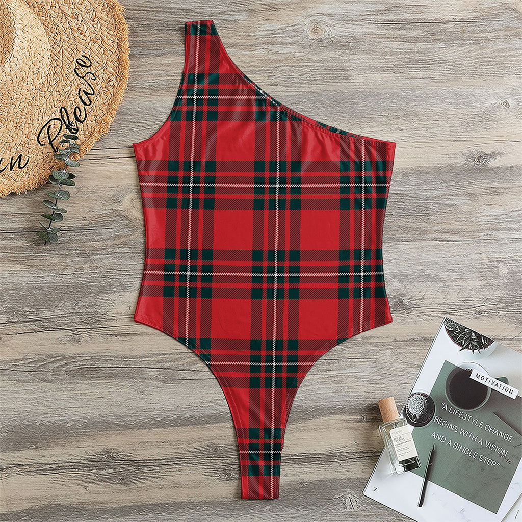 Red Scottish Tartan Pattern Print One Shoulder Bodysuit