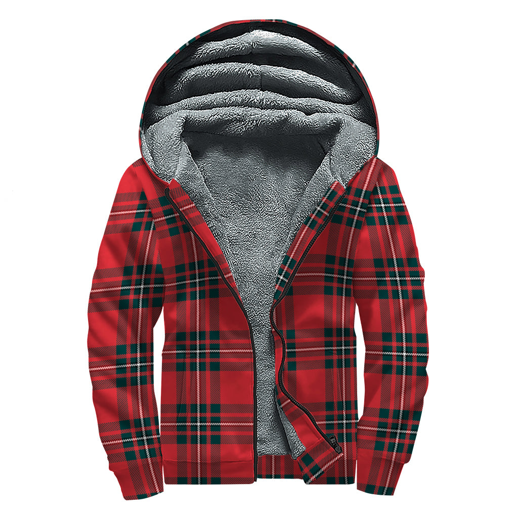 Red Scottish Tartan Pattern Print Sherpa Lined Zip Up Hoodie
