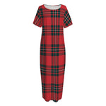 Red Scottish Tartan Pattern Print Short Sleeve Long Nightdress