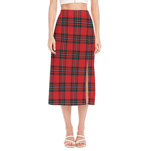 Red Scottish Tartan Pattern Print Side Slit Midi Skirt