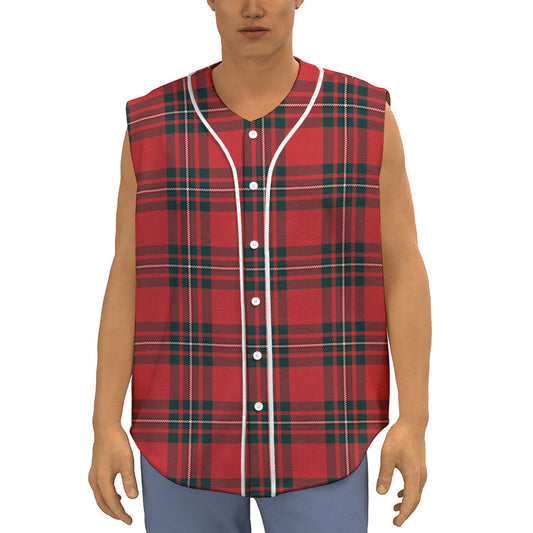 Red Scottish Tartan Pattern Print Sleeveless Baseball Jersey
