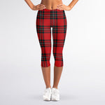 Red Scottish Tartan Pattern Print Women's Capri Leggings