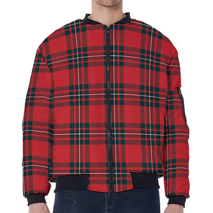 Red Scottish Tartan Pattern Print Zip Sleeve Bomber Jacket