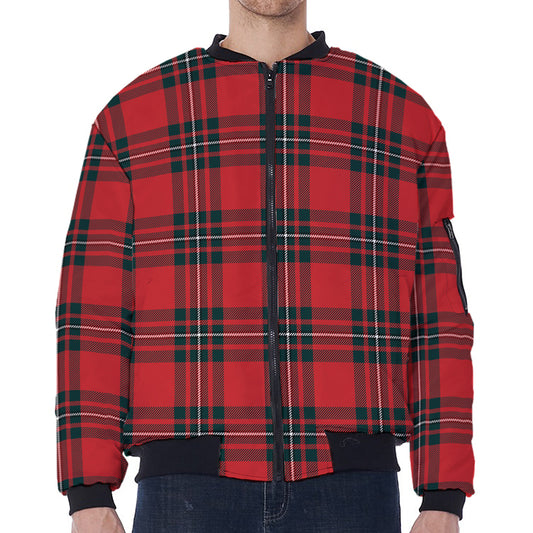 Red Scottish Tartan Pattern Print Zip Sleeve Bomber Jacket